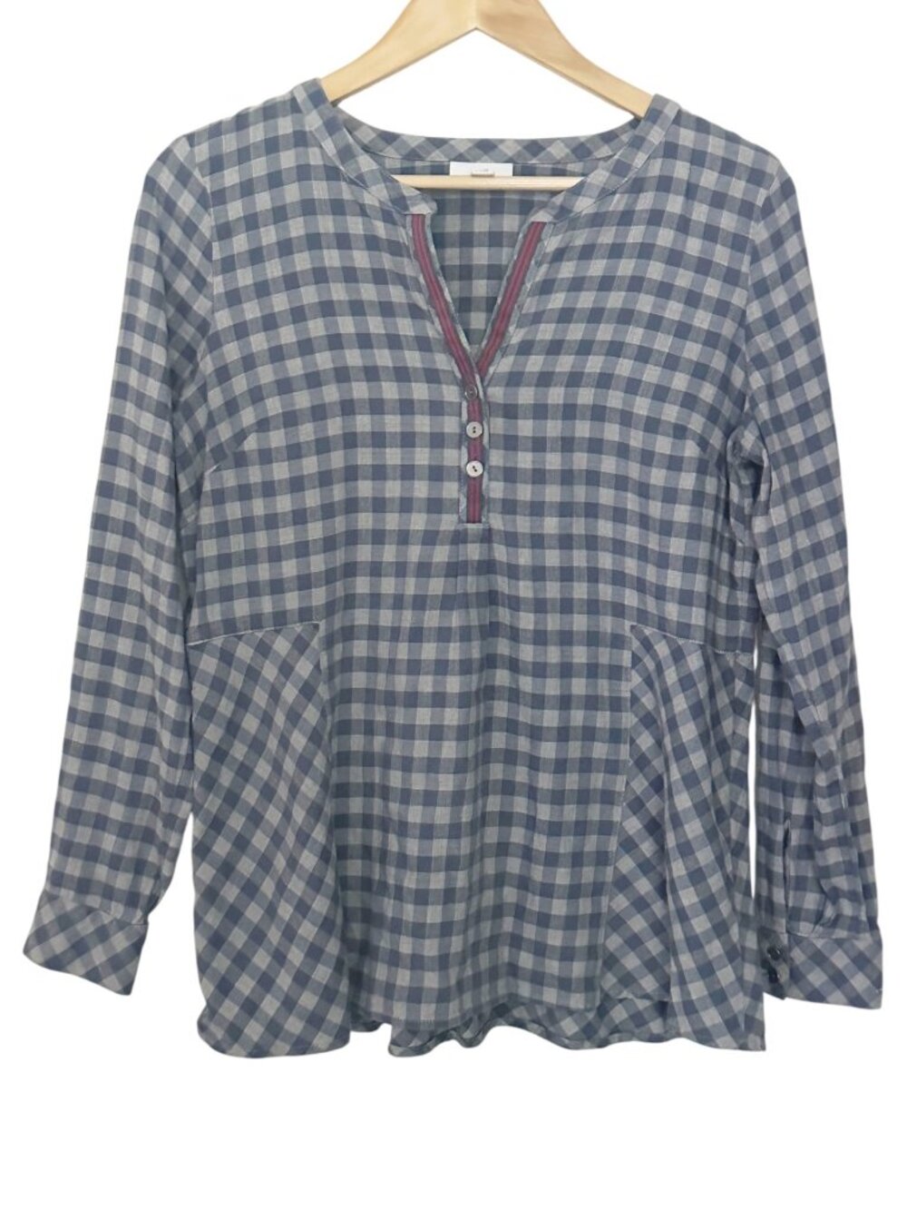 J. Jill Tunic Top Women’s Size S Gingham Plaid Henley Blue Gray Cotton Viscose